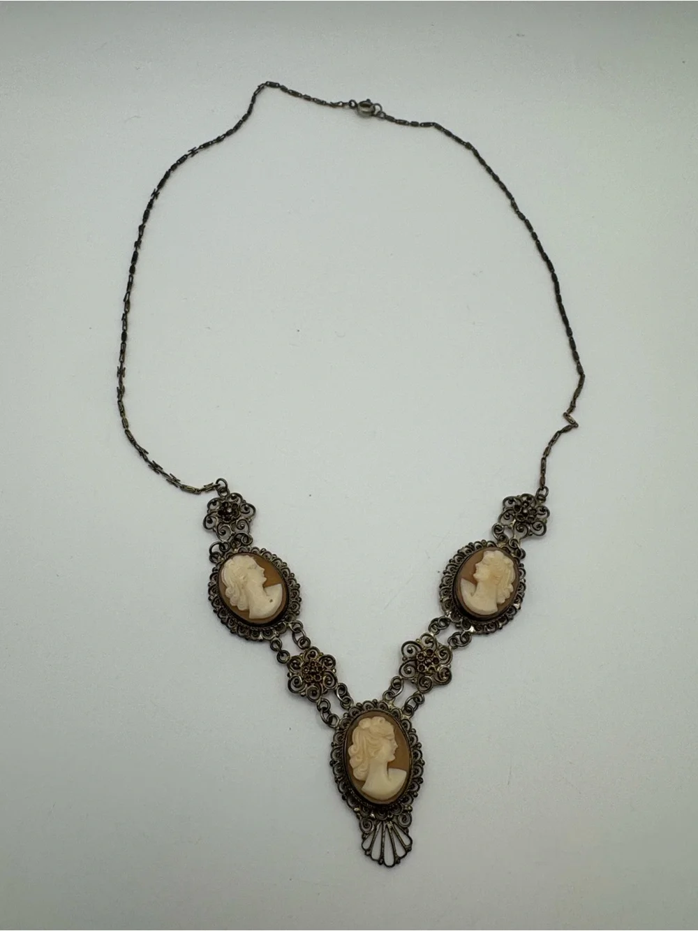 Antique Cameo Pendant Necklace in Ivory Brown Silver